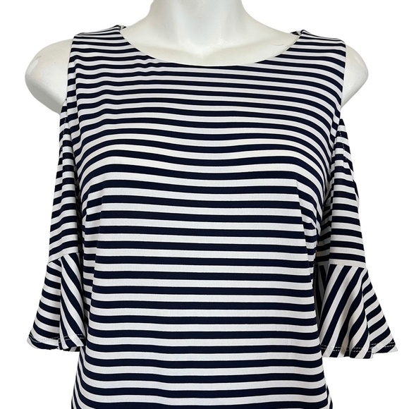 Donna Morgan Women's Striped Bell Half Sleeve Cold Shoulder Jersey Knit Dress  6 - Picture 2 of 16